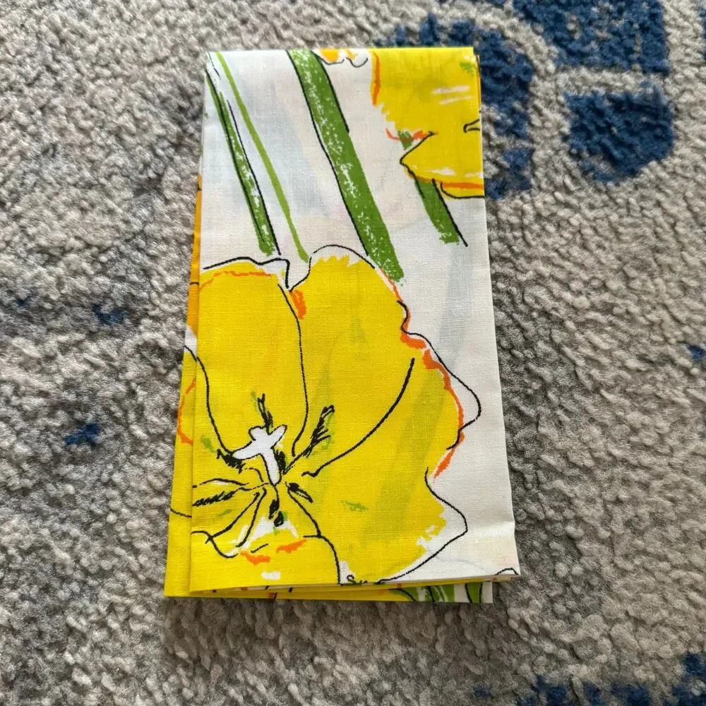 Vintage Mod Floral Cloth Napkins Set of 6 Large Yellow Poppy Orange Flowers 15